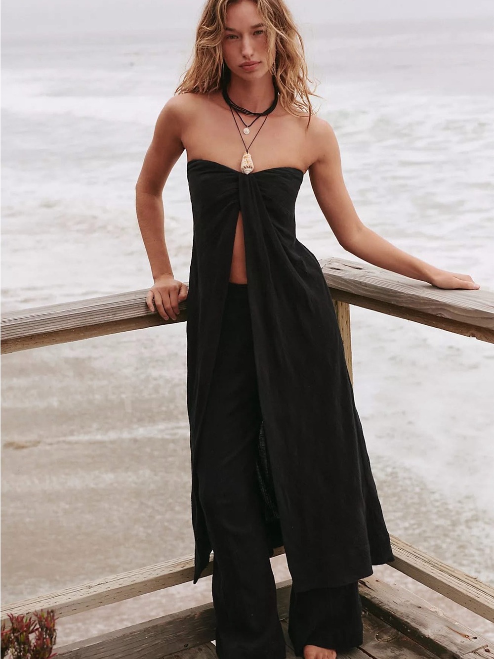 NWT Free People Banita Strapless Longline Tunic Top Black Linen Blend XS Boho